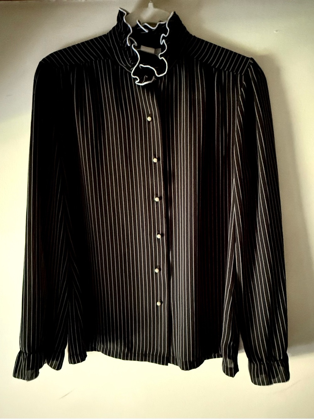VTG Striped Sheer Victorian Frill Collar and Cuffs Blouse Black Romantic Layer